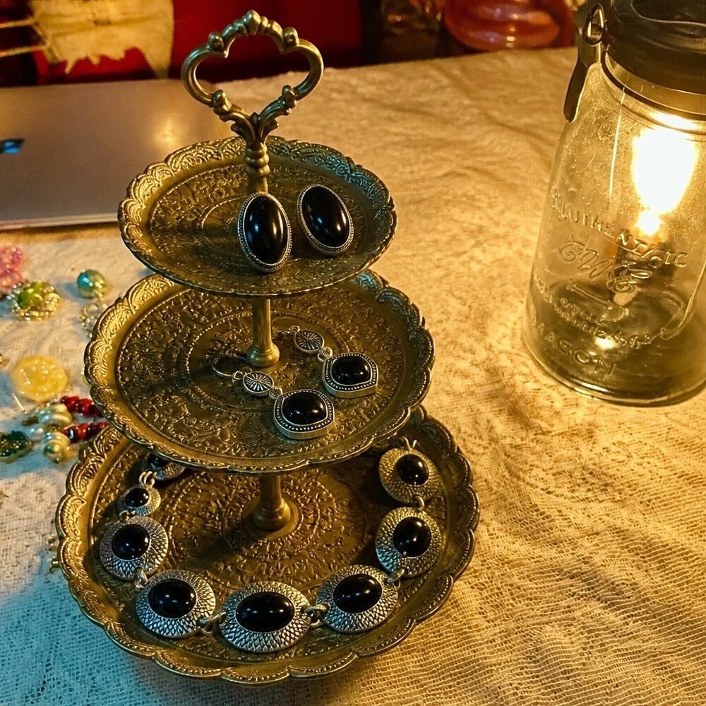 Vintage Southwestern Antiqued Silver Glossy Black Cabochon 3pc Jewelry Set